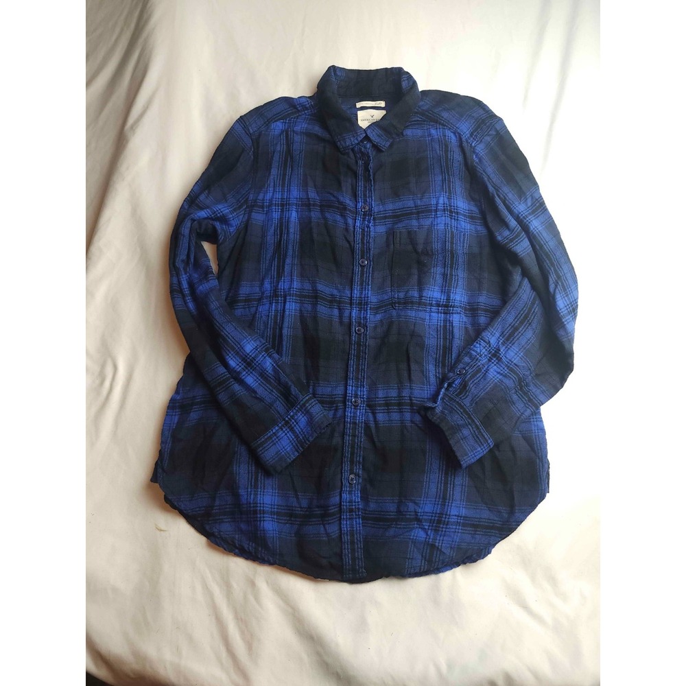 American Eagle Button Up Womens Large Blue Black Plaid Preppy Grunge Cabincore
